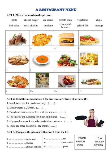 restaurant menu interactive worksheet menu restaurant food