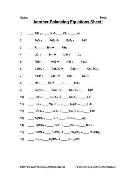 types  reactions worksheet answer key balancing equations worksheet