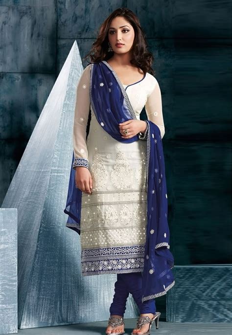 white and blue salwar kameez मिशेल fashion