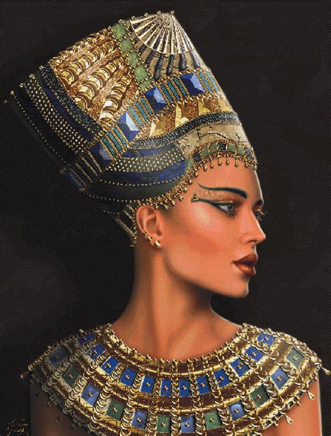 An Egyptian Woman Wearing Gold And Blue Jewelry With Her Head Tilted