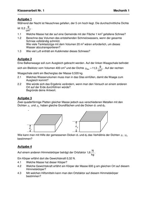 mechanik  masse volumen dichte  ka mit loesungswegen mittelstufe des gymnasiums