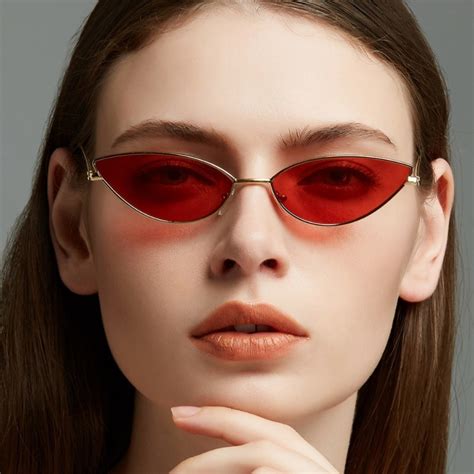 yok s small cat eye narrow red sunglasses women thin metal frame korean