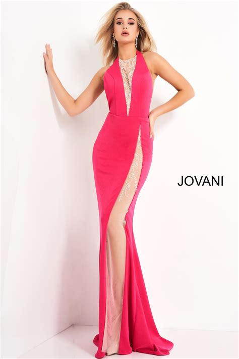 Jovani 02086 Hot Pink Halter Neck Backless Prom Dress