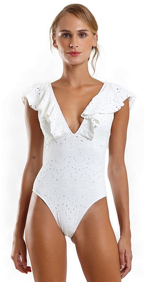 White Lace One Piece Swimsuit With Ruffles Maio Hula Laise Branco