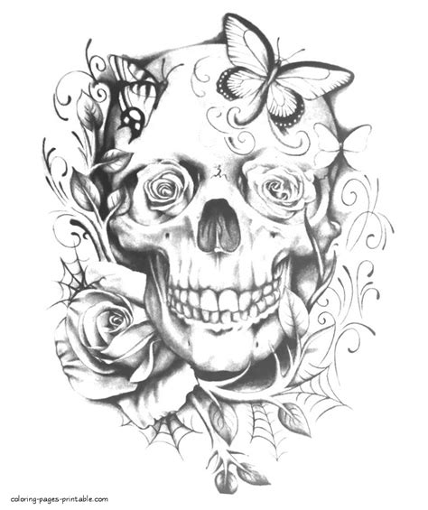 skull roses  butterflies coloring page coloring pages printablecom