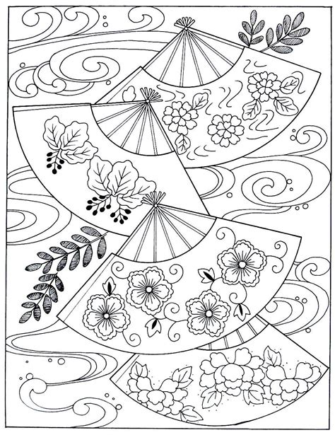 japanese fans  waves coloring book page