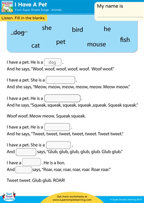 pet worksheet fill   blanks super simple