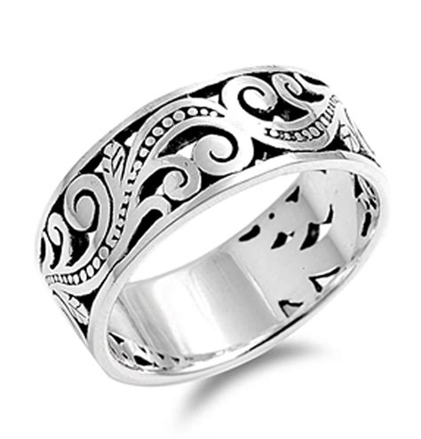 Sac Silver Oxidized Filigree Floral Bali Bead Wide Ring Sizes 8 9