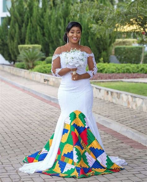 clipkulture beautiful ghanaian bride in white and kente train wedding