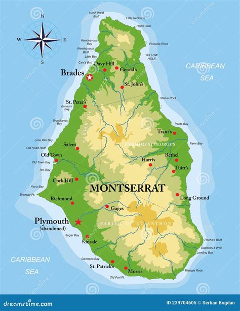 Montserrat Island Highly Detailed Physical Map Stock Vector