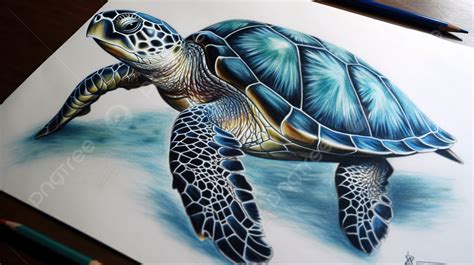 colored pencil drawing  sea turtle  blue background sea turtle
