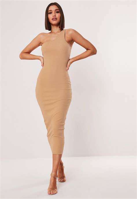 nude ribbed one shoulder bodycon midi dress missguided