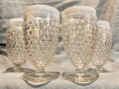 Vintage Clear White Hobnail 8 Ounce Pedestal Drinking Water Glasses