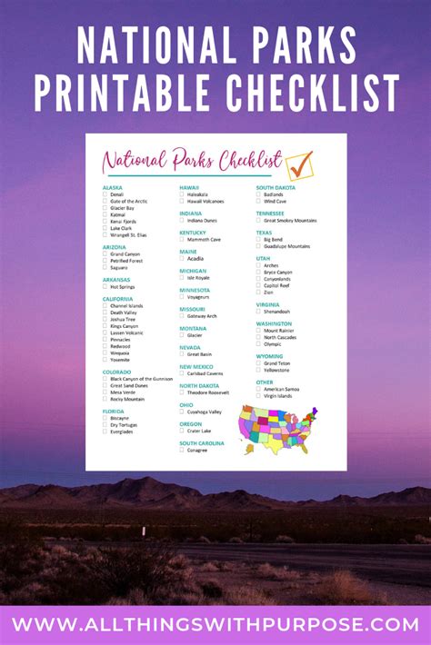 united states national parks  printable checklist  images