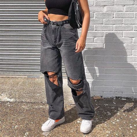 Black Ripped Baggy Jeans Dark Gray M In 2021 Streetwear Fashion Women