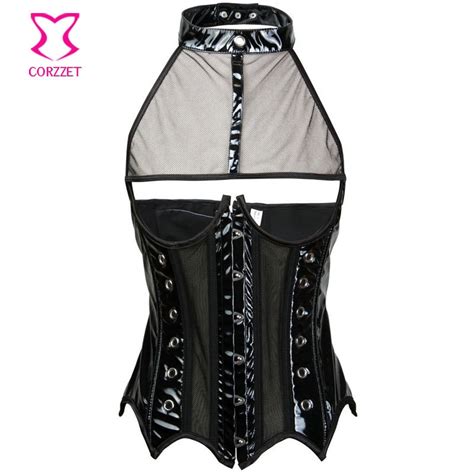 black pvc leather and mesh halter cupless underbust corset steampunk