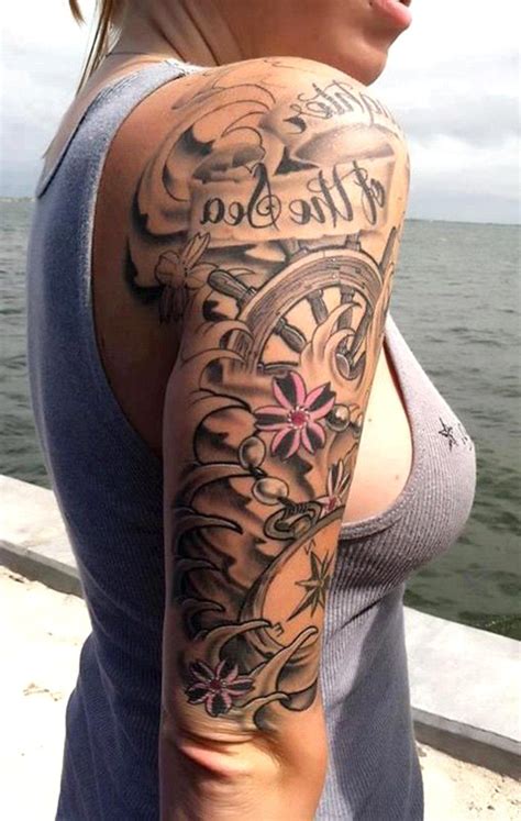 Black Full Arm Sleeve Tattoo Ideas For Women Sea Flower Rudder Bicep