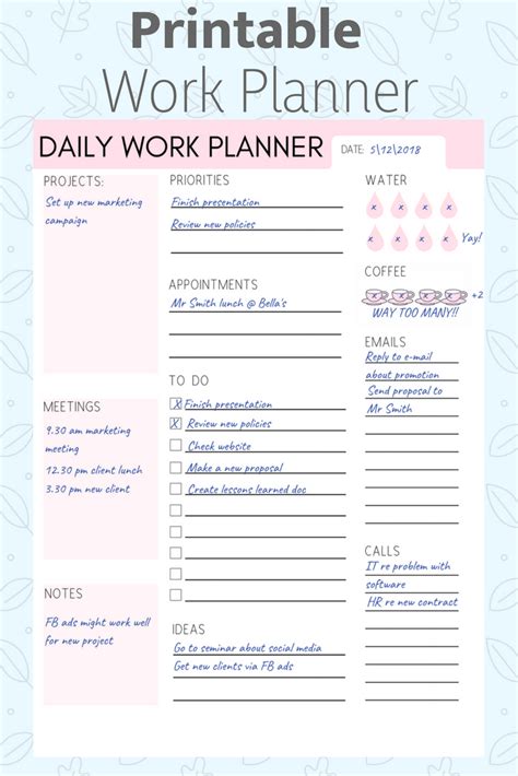 daily work planner daily planner work organizer printable work