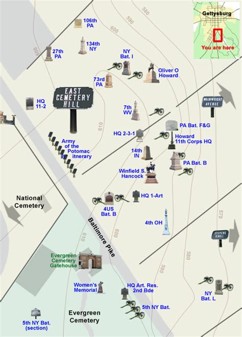 tour map of east cemetery hill at gettysburg