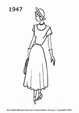Fashion 1947 1940 1940s Dress Silhouette Dresses History Era 1950 Drawings Colouring Silhouettes Costume Coloring Templates Look Pages Victorian Drawing sketch template