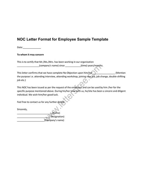 objection certificate noc letter format  employee sample