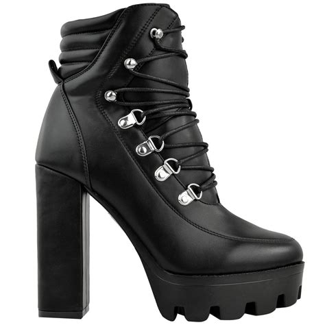 womens chunky block high heel platform ankle boots lace  black clubbing party ebay