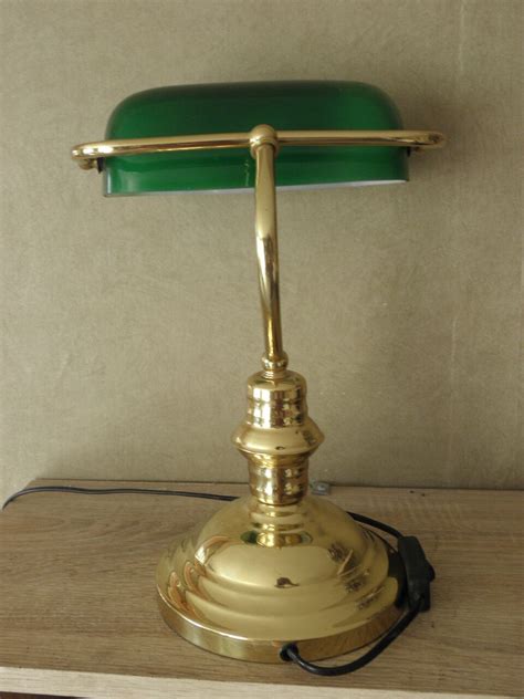 Vintage Retro Lamp Bankers Green Glass Light Brass Gold Desk Table Lamp