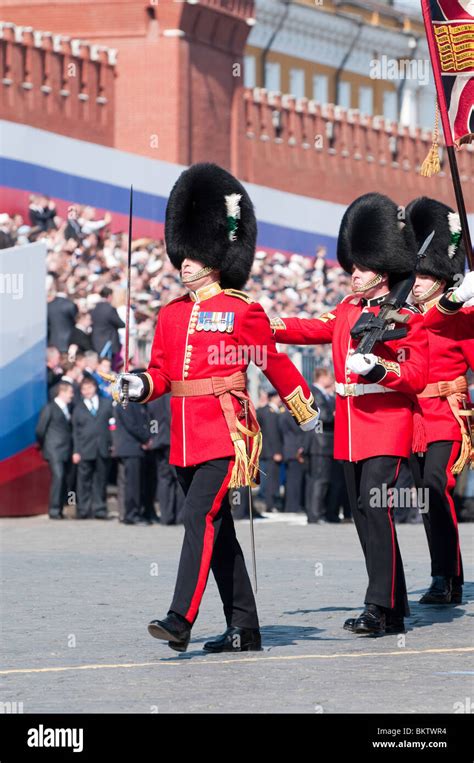 welsh guards regiment march   red square    victory day parade  moscow stock