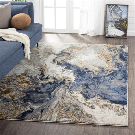 luxe weavers marble swirl collection blue abstract  area rug gold