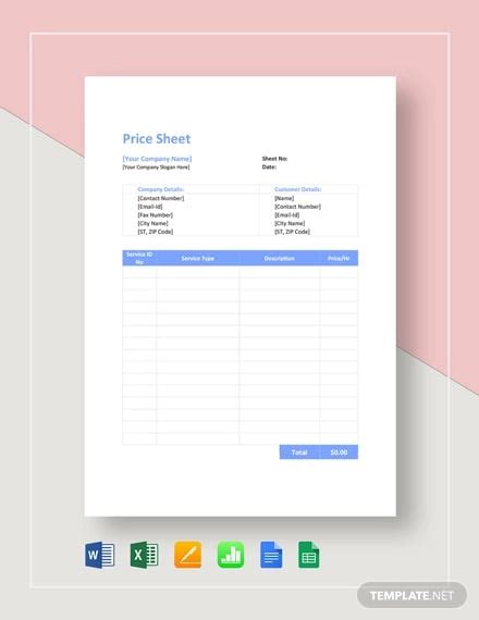 price sheet templates   excel word documents