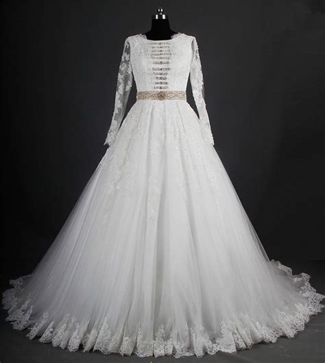 Modest Ball Gown Long Sleeve Tulle Lace Crystal Beaded