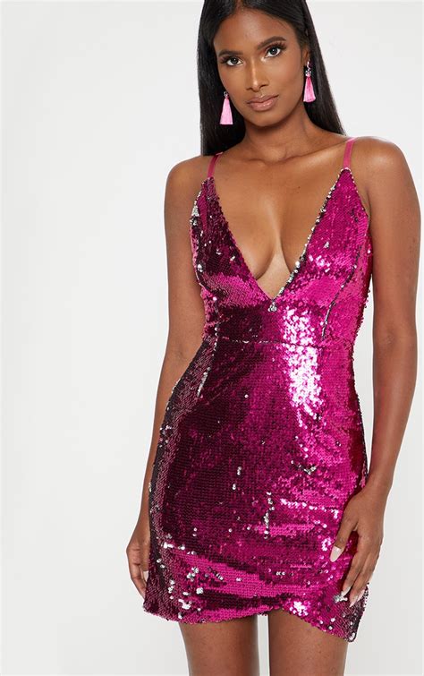 Hot Pink Wrap Front Sequin Bodycon Dress Prettylittlething Usa