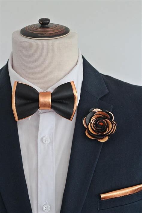 rose gold  black leather bow tie pocket square set  menboys rose
