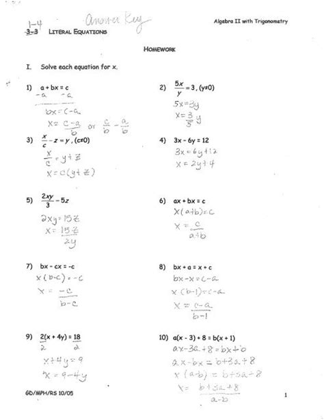 literal equations hw answers