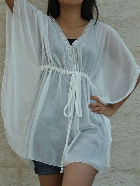 454 White Chiffon Caftan Kaftan Kimono Tunic Cover Ups Top Xl