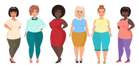 vector cartoon happy and smiling plus size woman females curvy