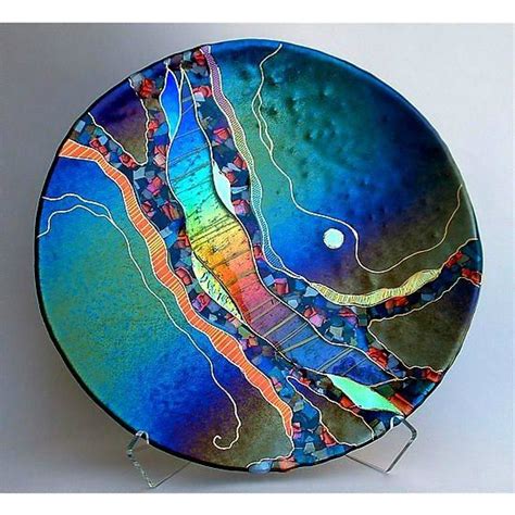 Large Round Abstract Platter In Dark Teal Artist Karen Ehart Fused