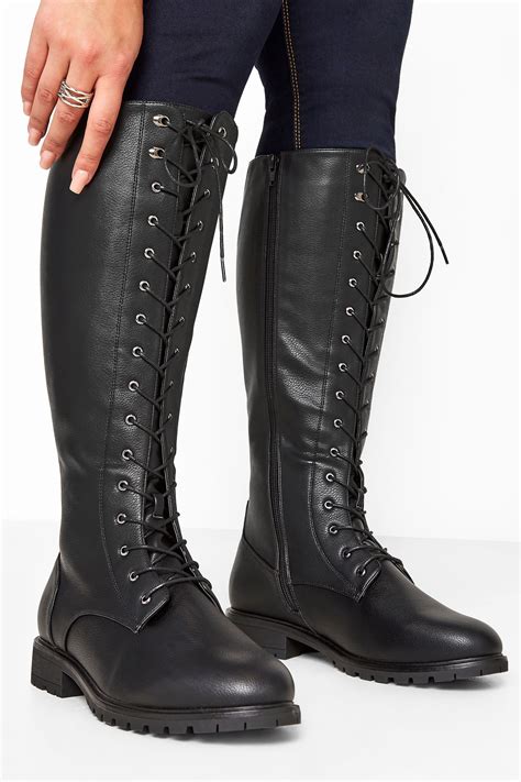 black faux leather lace  knee high boots  wide  fit extra wide