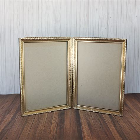 vintage  double hinged bi fold metal gold brass photo picture frame