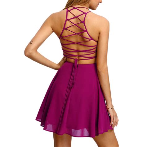 Sutluas Colrove Hot Pink Cross Lace Up Backless Spaghetti