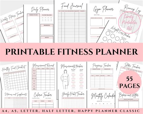 fitness journal printable fitness planner inserts weight loss etsy