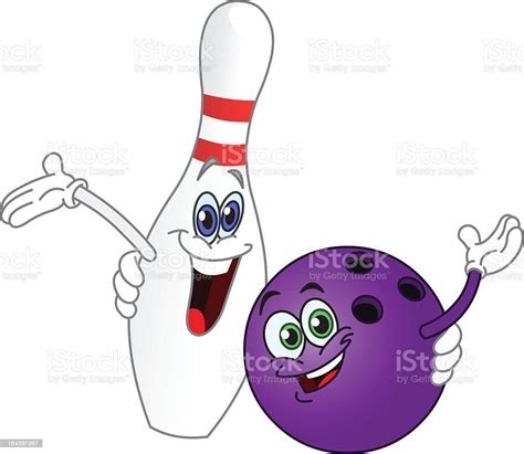 cartoon of purple bowling ball and pin waving and smiling stock vector