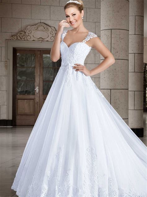 Ball Gown Sweetheart Cap Sleeve Straps Tulle Lace Wedding