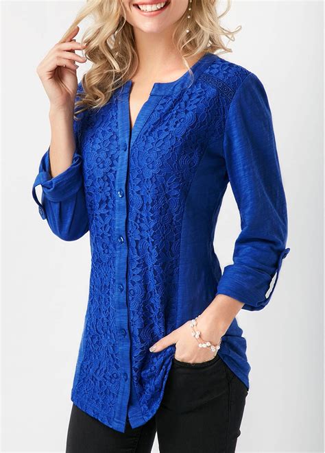 lace panel royal blue long sleeve blouse modlilycom usd  blue long sleeve blouse