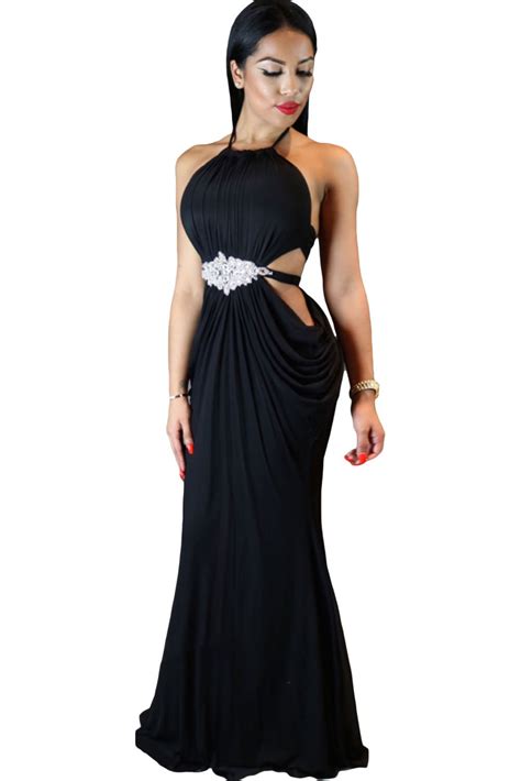 Women Formal Cutout Halter Black Evening Gowns Online