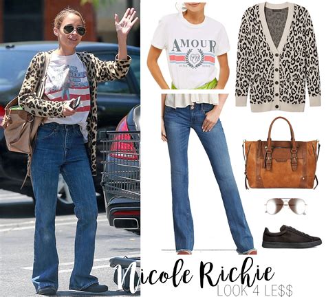 nicole richie s leopard cardigan and flare leg jeans look for less the budget babe