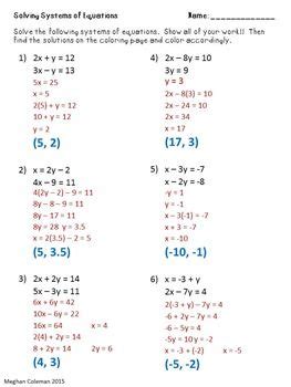 solving systems  equations  elimination worksheet answers