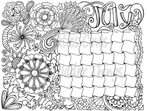 july doodled calendar coloring page etsy