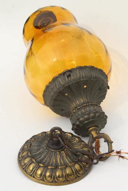 60s Vintage Pendant Light W Hand Blown Amber Glass Shade
