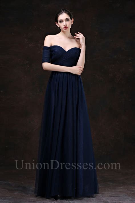 Sexy Sweetheart Off The Shoulder Long Navy Blue Tulle Evening Prom